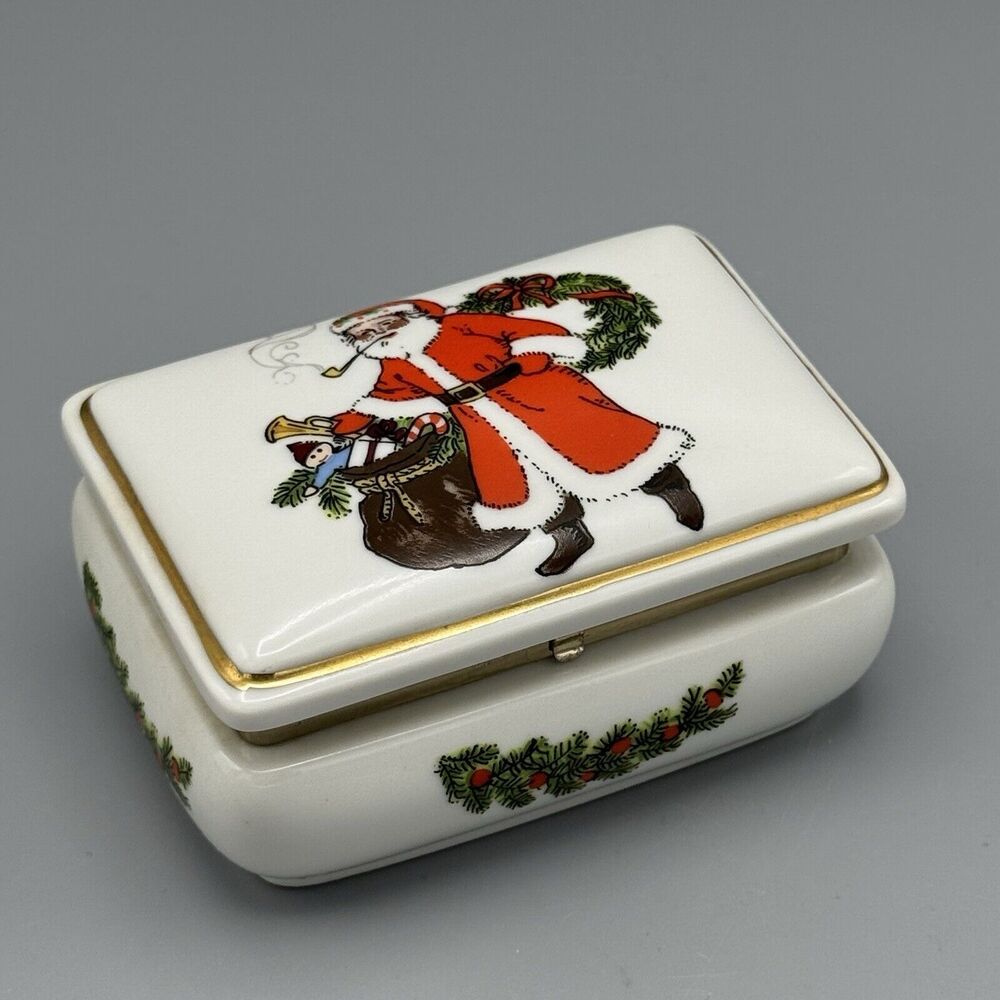 Vtg George Good Porcelain Music Trinket Box Christmas Santa Claus is Coming to..